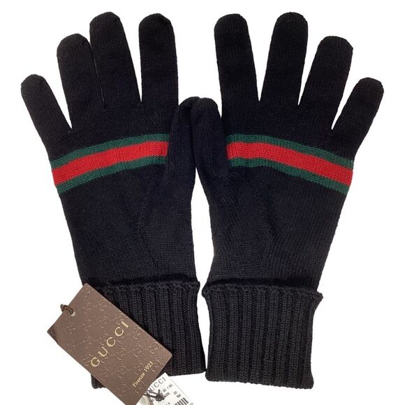 Gucci Web Knitted Gloves in Black Wool - Picture 1 of 3